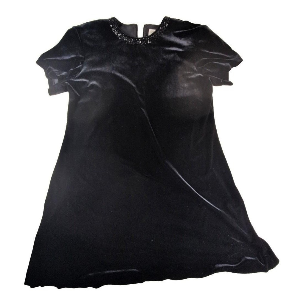 Vintage Black Velvet Shift Dress Beaded Neck Size 16 Whimsy goth Dark‎ Romantic